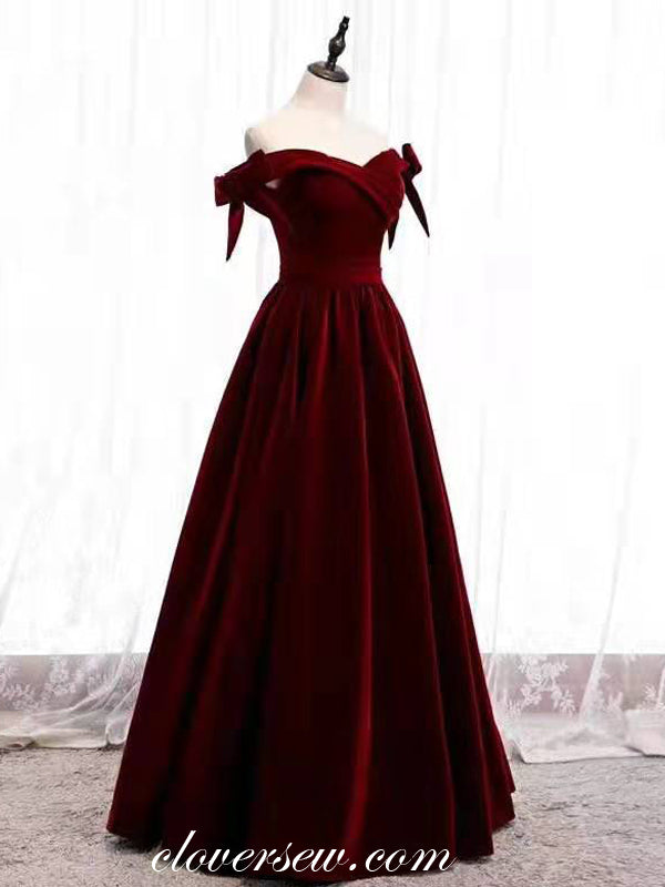 Dark Burgundy Velvet Off The Shoulder A-line Prom Dresses,CP0164