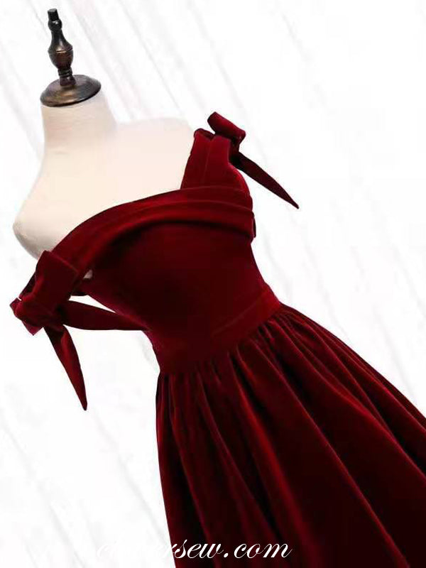 Dark Burgundy Velvet Off The Shoulder A-line Prom Dresses,CP0164