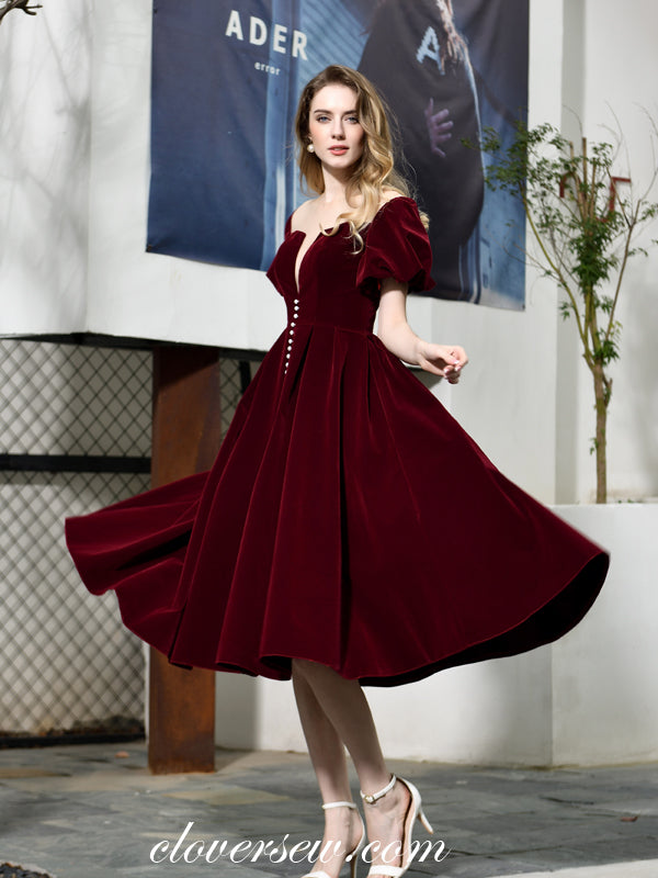 Dark Burgundy Velvet Off The Shoulder Homecoming Dresses, CH0002