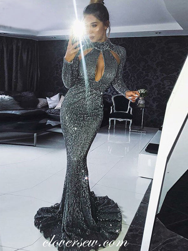 Dark Greay Sequin Long Sleeves High Neck Mermaid Sparkly Formal Dresses, CP0022