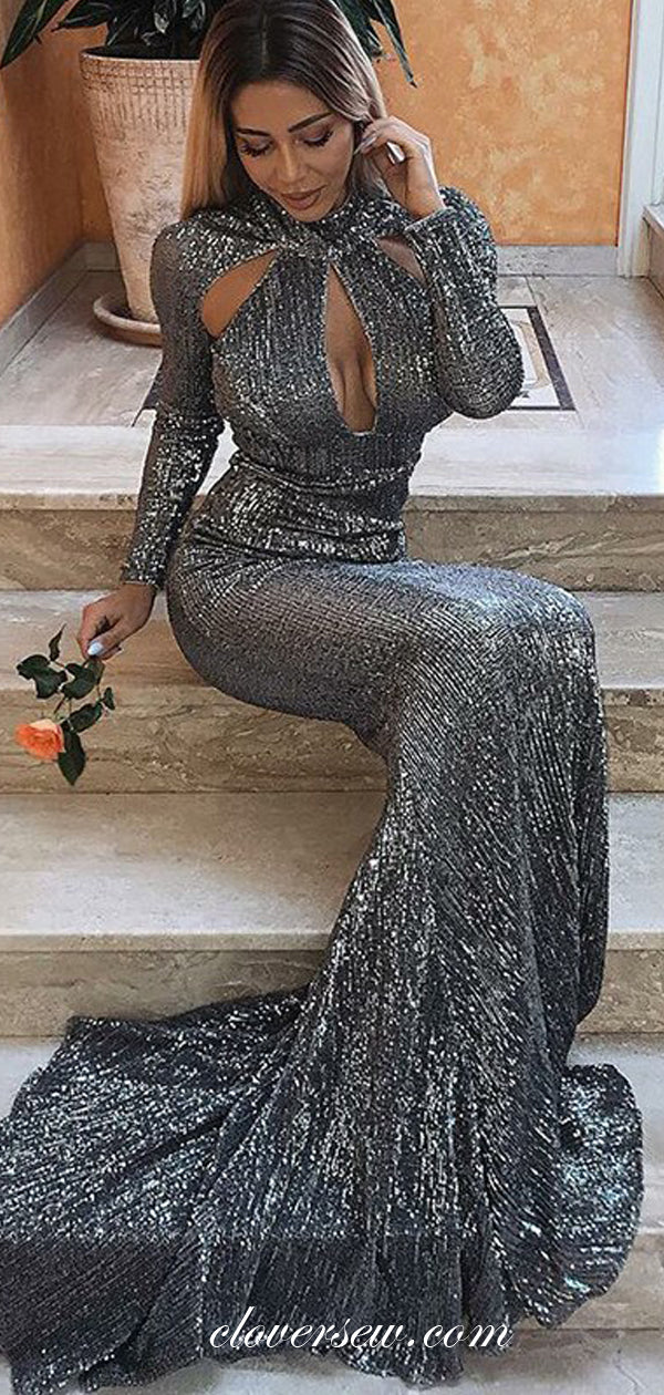 Dark Grey Sequin Long Sleeves High Neck Mermaid Sparkly Formal Dresses, CP0022