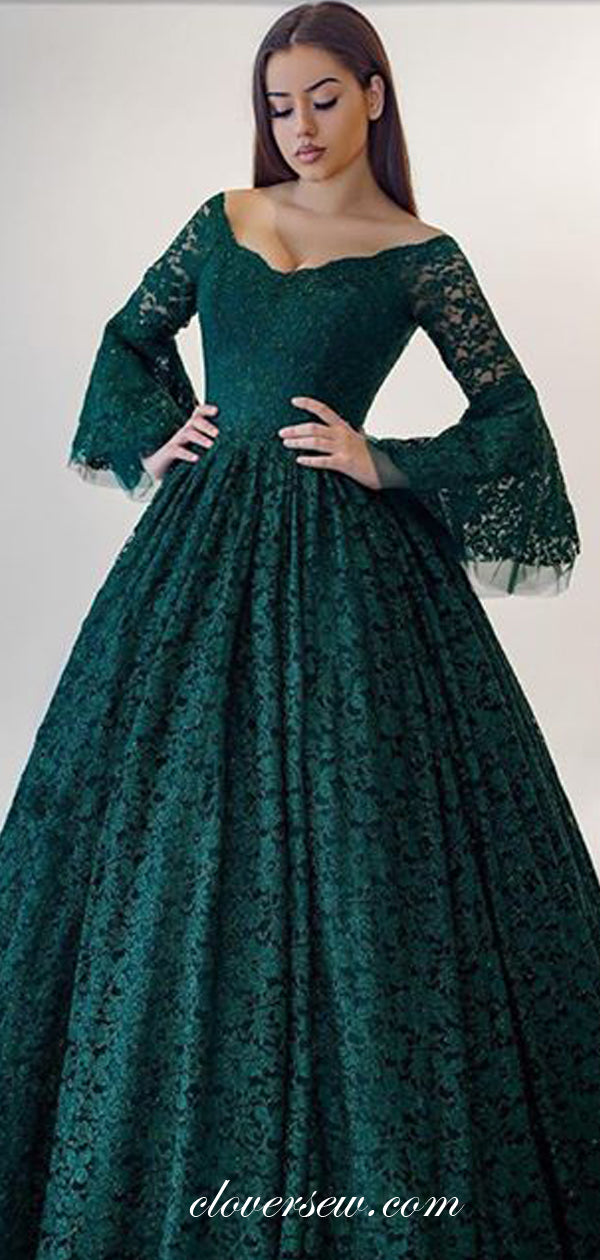 Dark Green Lace Long Sleeves V-neck A-line Prom Dresses, CP0025