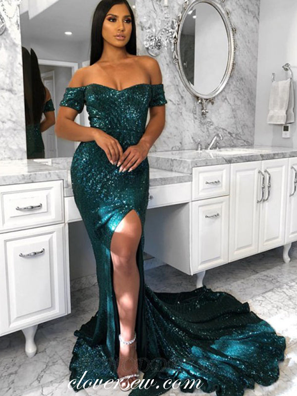 Dark Green Sequin Off The Shoulder Mermiad Sweep Train Prom Dresses,CP0387