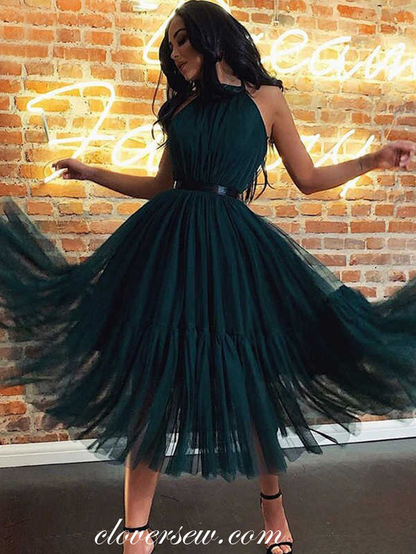 Dark Green Tulle Halter A-line Tea Length Party Dresses.CP0449