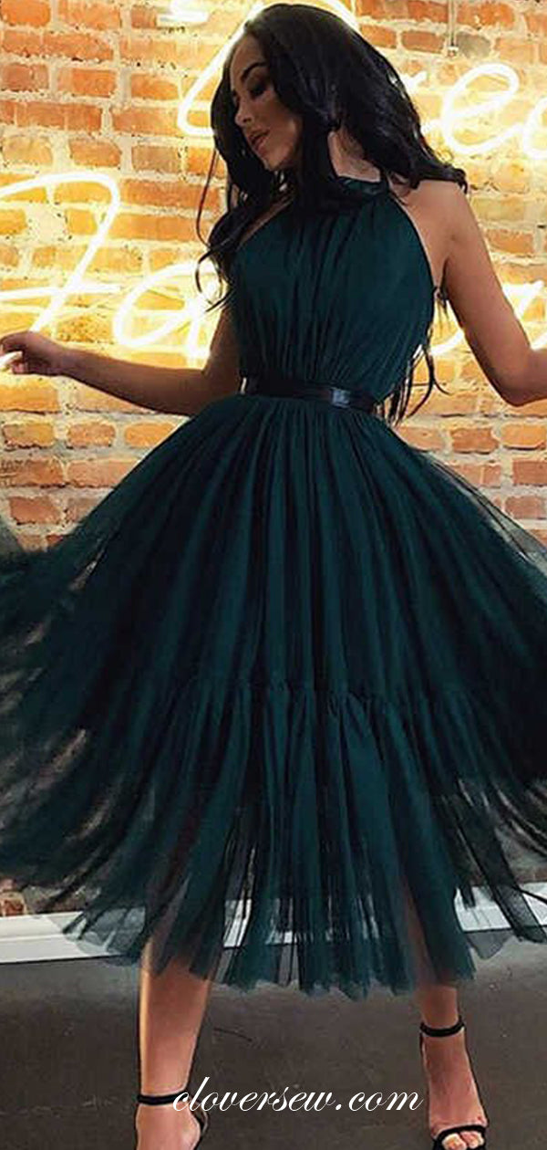 Dark Green Tulle Halter A-line Tea Length Party Dresses.CP0449