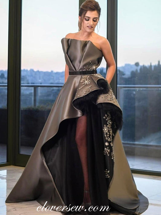 Dark Grey Satin Bead Applique Strapless Side Slit Fashion Dresses , CP0489