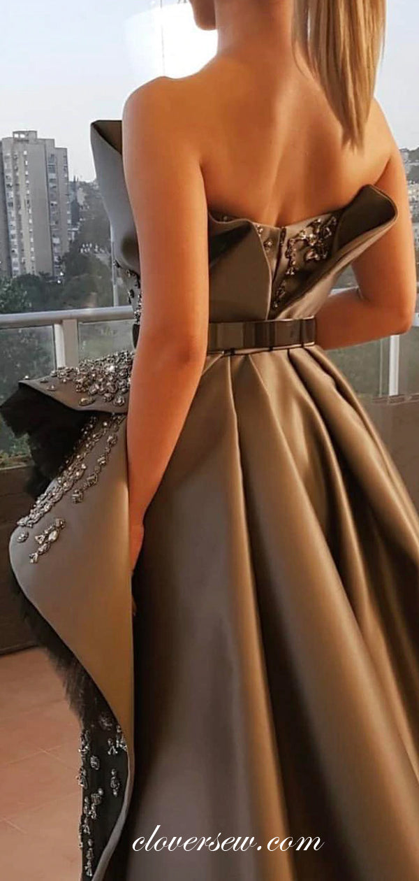 Dark Grey Satin Bead Applique Strapless Side Slit Fashion Dresses , CP0489 US0 / Custom Color(leaving a note) Dark Grey Satin Bead Applique Strapless Side Slit Fashion Dresses , CP0489 US0 / Custom Color(leaving a note)