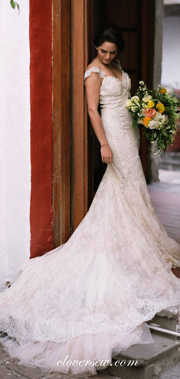 Dark Ivory Lace Tulle Bead Illusion Back Mermaid With Train Wedding Dresses, CW0062