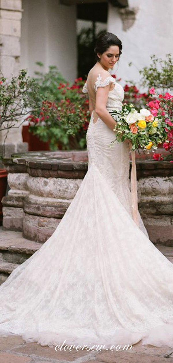 Dark Ivory Lace Tulle Bead Illusion Back Mermaid With Train Wedding Dresses, CW0062