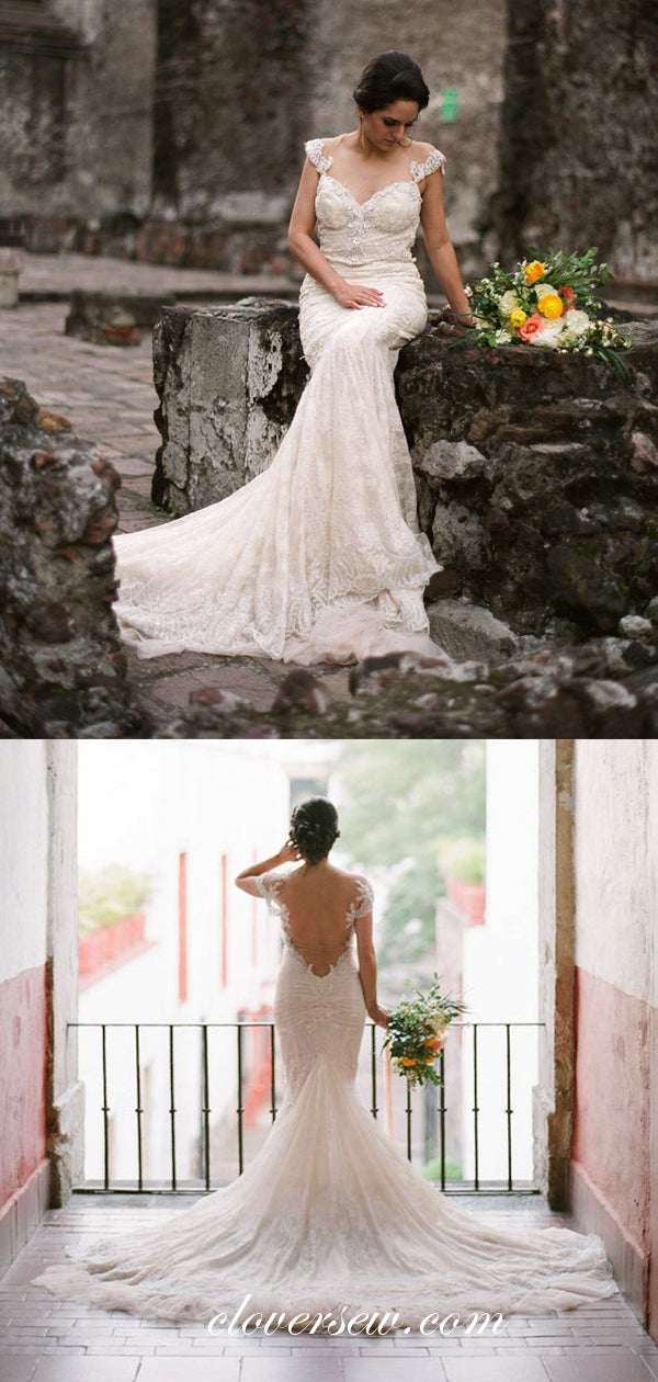 Dark Ivory Lace Tulle Bead Illusion Back Mermaid With Train Wedding Dresses, CW0062