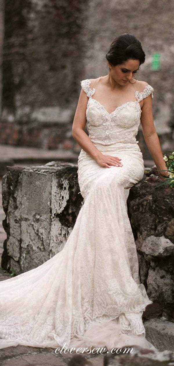 Dark Ivory Lace Tulle Bead Illusion Back Mermaid With Train Wedding Dresses, CW0062