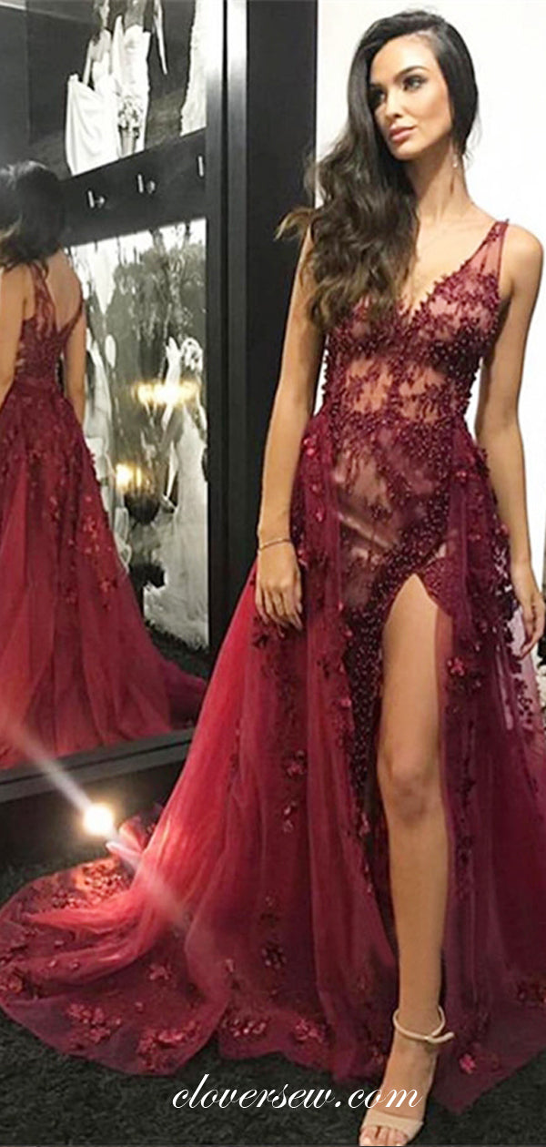 Dark Red Bead Lace See Through Detachable Overskirt Prom Dresses, CP0065