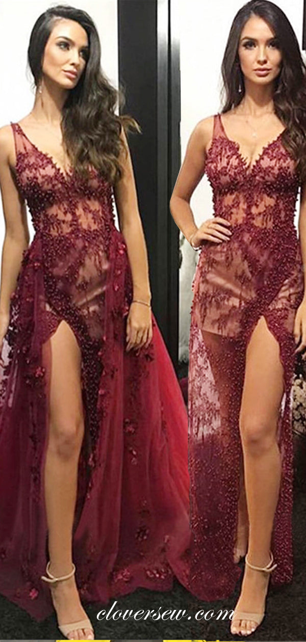 Dark Red Bead Lace See Through Detachable Overskirt Prom Dresses, CP0065