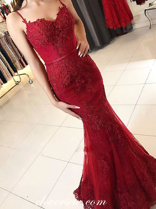 Dark Red Lace Applique Spaghetti Strap Mermaid Prom Dresses, CP0053