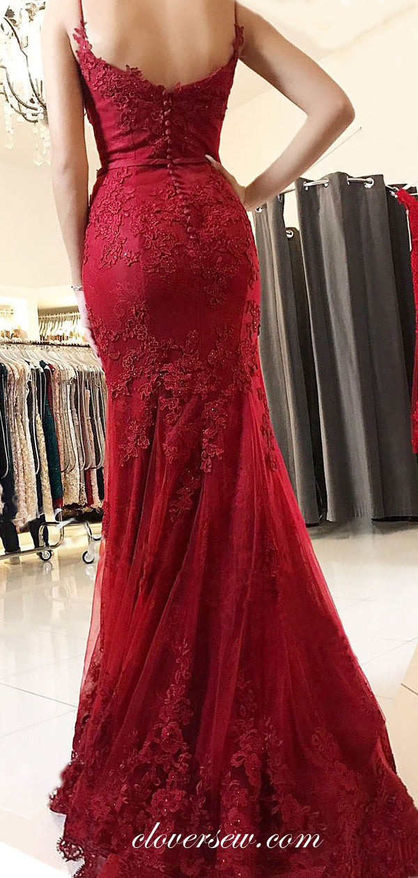 Dark Red Lace Applique Spaghetti Strap Mermaid Prom Dresses, CP0053 clover sew Dark Red Lace Applique Spaghetti Strap Mermaid Prom Dresses, CP0053 clover sew