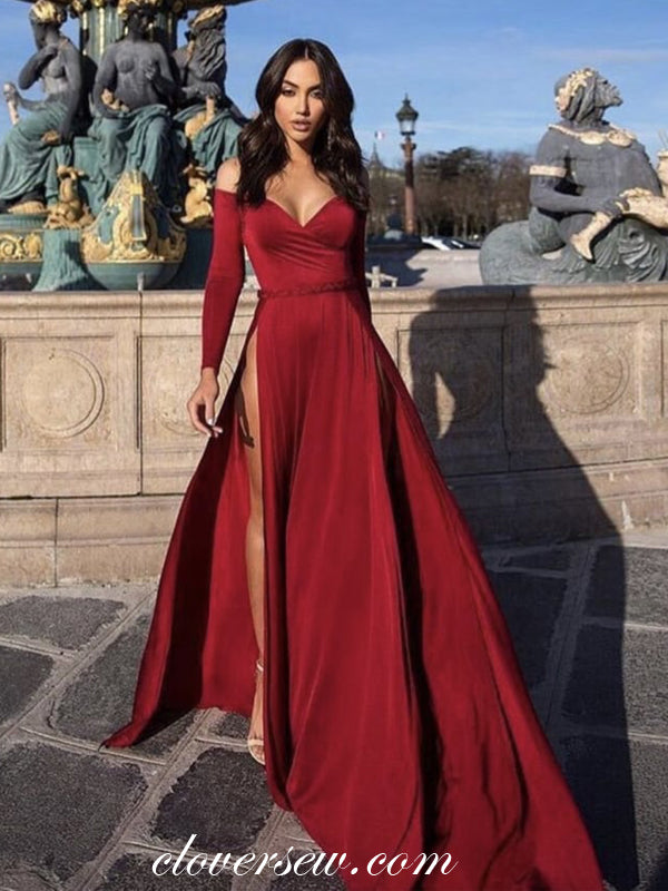 Dark Red Off The Shoulder Long Sleeves High Side Slit Prom Dresses , CP0032