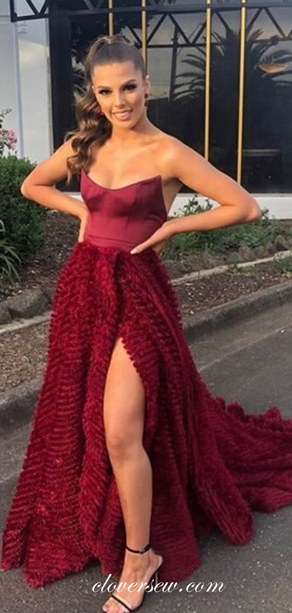 Dark Red Ruffles Strapless Side Slit A-line Prom Dresses,CP0399