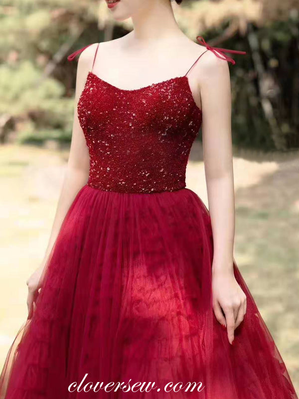 Dark Red Shiny Top Ruffles Tulle Spaghetti Strap A-line Prom Dresses,CP0160