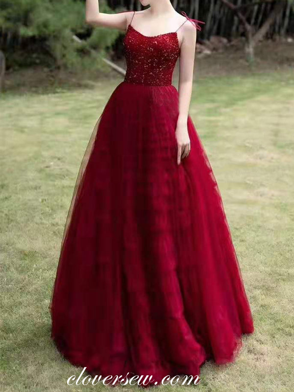 Dark Red Shiny Top Ruffles Tulle Spaghetti Strap A-line Prom Dresses,CP0160