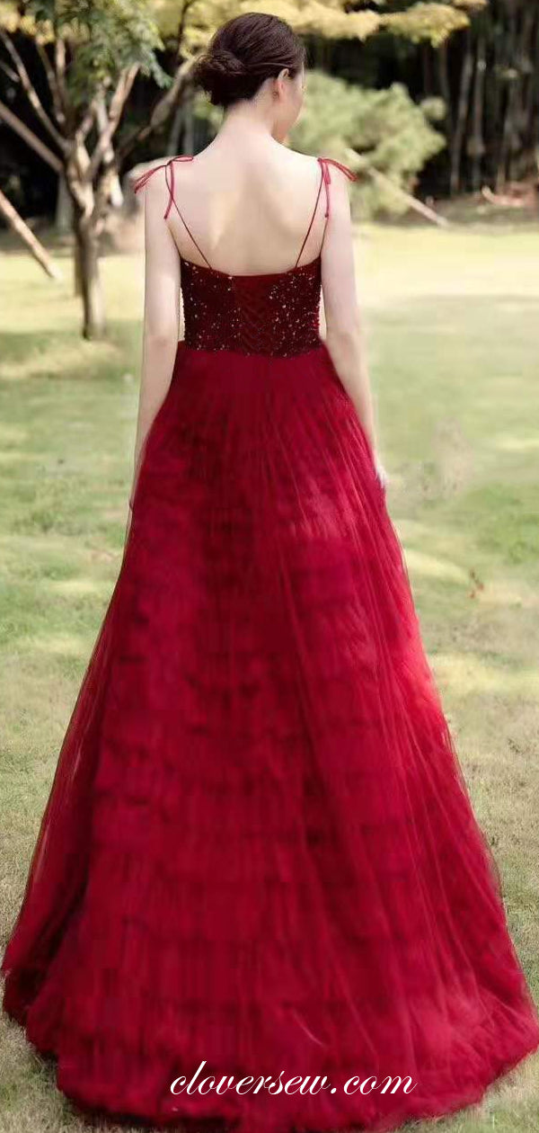 Dark Red Shiny Top Ruffles Tulle Spaghetti Strap A-line Prom Dresses,CP0160