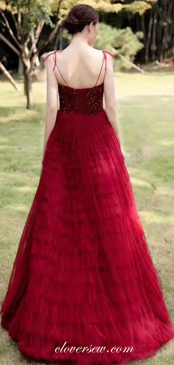 Dark Red Shiny Top Ruffles Tulle Spaghetti Strap A-line Prom Dresses,C clover sew Dark Red Shiny Top Ruffles Tulle Spaghetti Strap A-line Prom Dresses,C clover sew