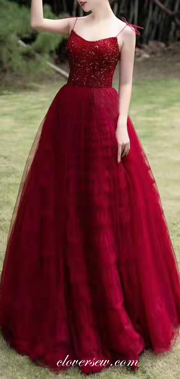 Dark Red Shiny Top Ruffles Tulle Spaghetti Strap A-line Prom Dresses,CP0160
