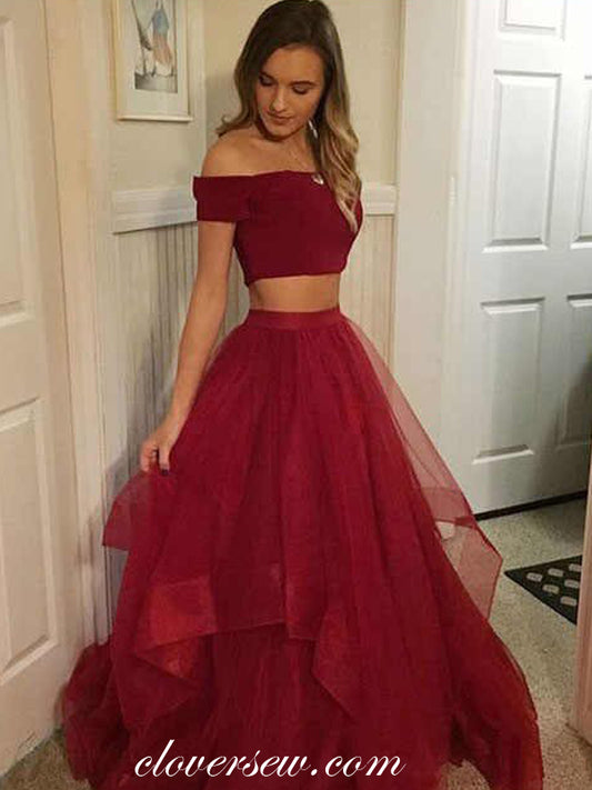 Dark Red Two Piece Off The Shoulder A-line Prom Dresses,CP0219