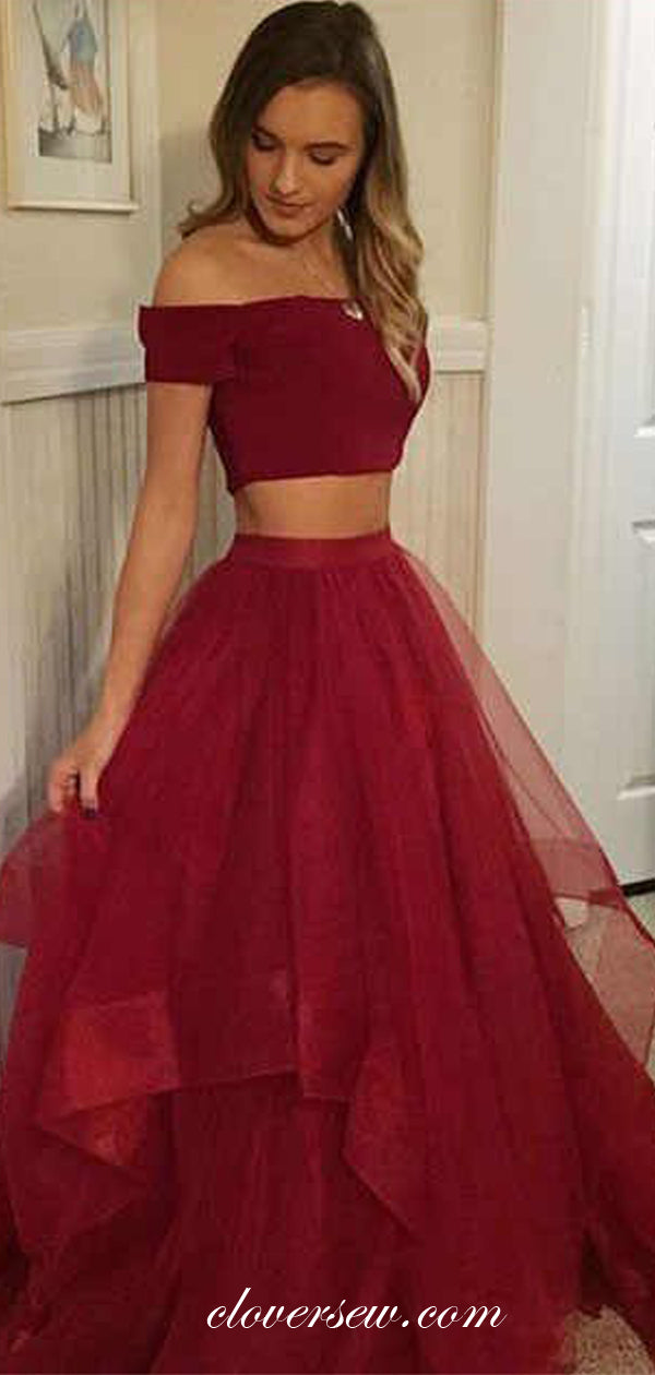 Dark Red Two Piece Off The Shoulder A-line Prom Dresses,CP0219