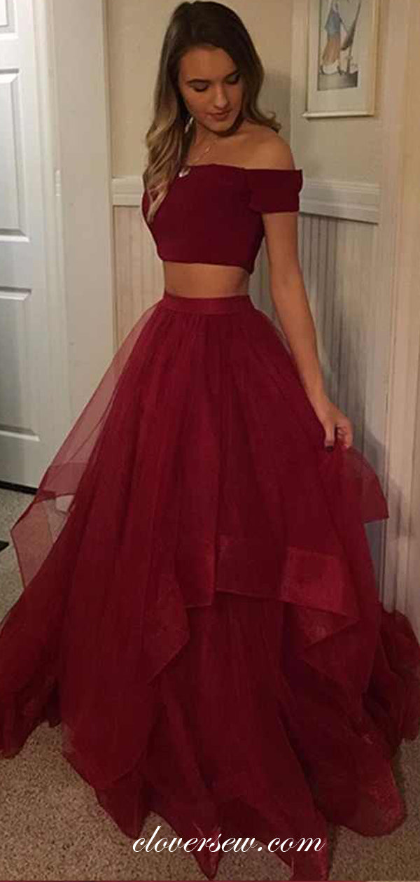 Dark Red Two Piece Off The Shoulder A-line Prom Dresses,CP0219 clover sew Dark Red Two Piece Off The Shoulder A-line Prom Dresses,CP0219 clover sew