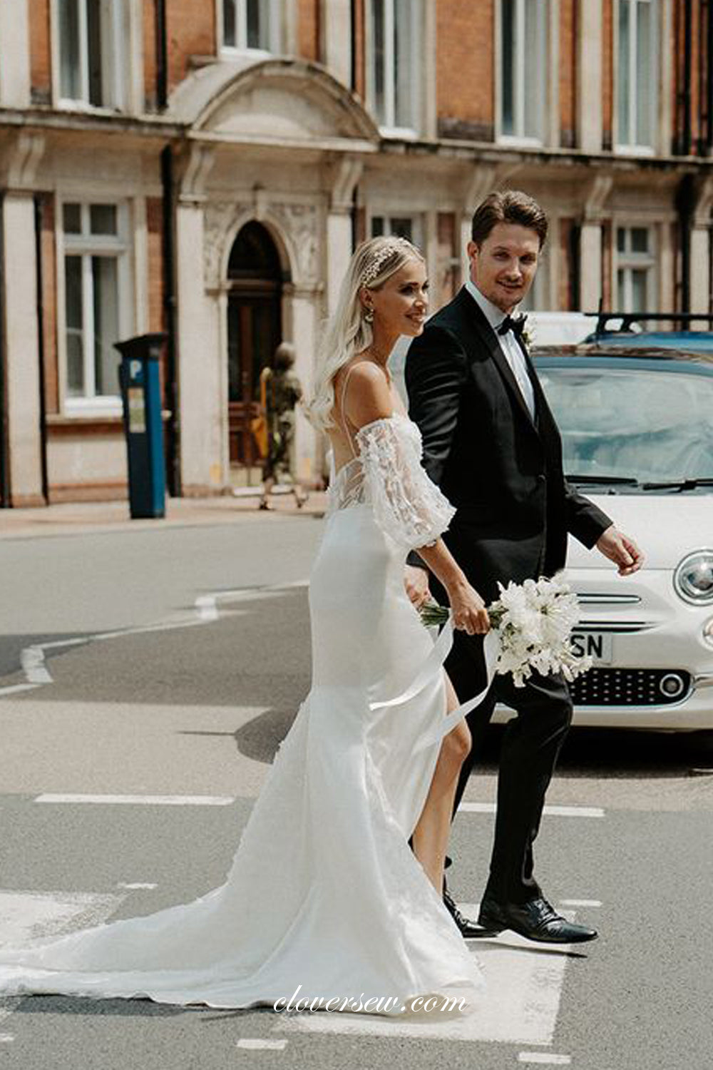 lace and chiffon mermaid wedding dress Mermaid V-neck Spaghetti Strap Chapel Chiffon Crochet Flower Wedding Dress