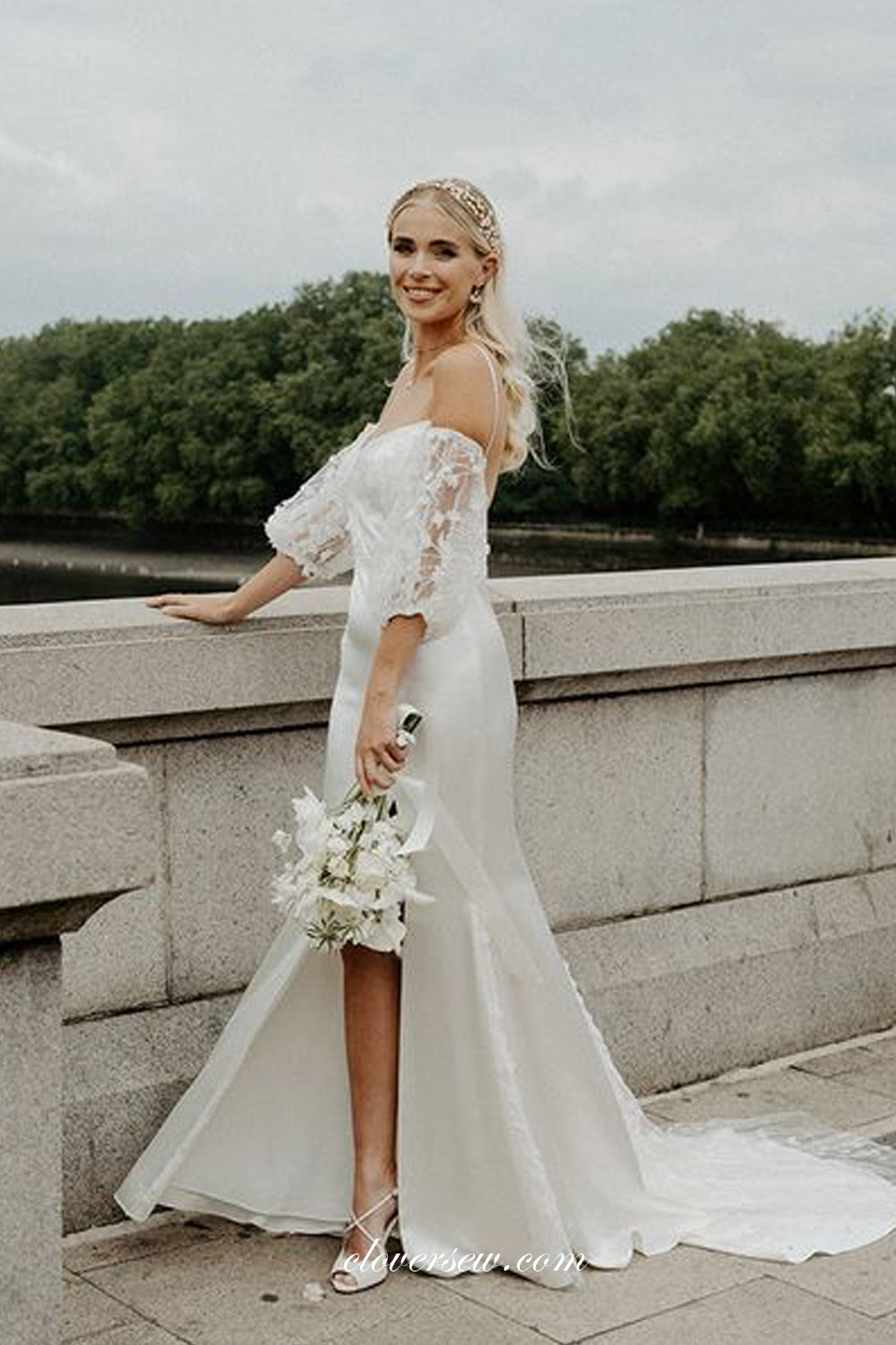 Disattached Sleeves Lace Chiffon Charming Mermaid Wedding Dresses, CW0296