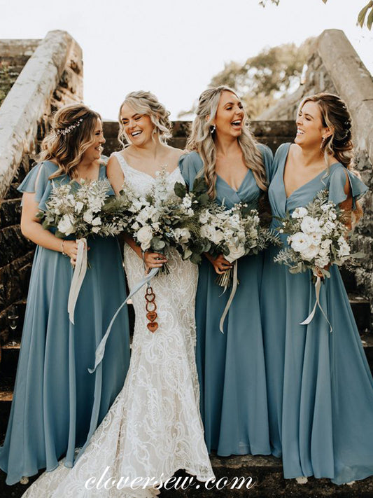 Dusty Blue Chiffon Cap Sleeves V-neck A-line Bridesmaid Dresses, CB0259