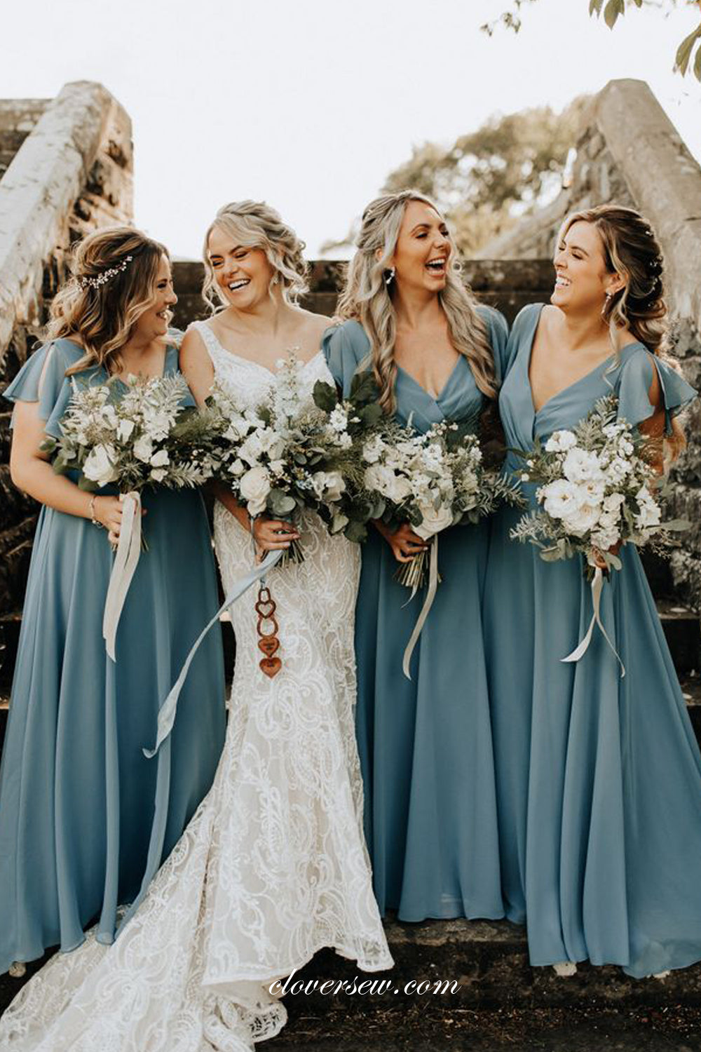 Dusty Blue Chiffon Cap Sleeves V-neck A-line Bridesmaid Dresses, CB0259