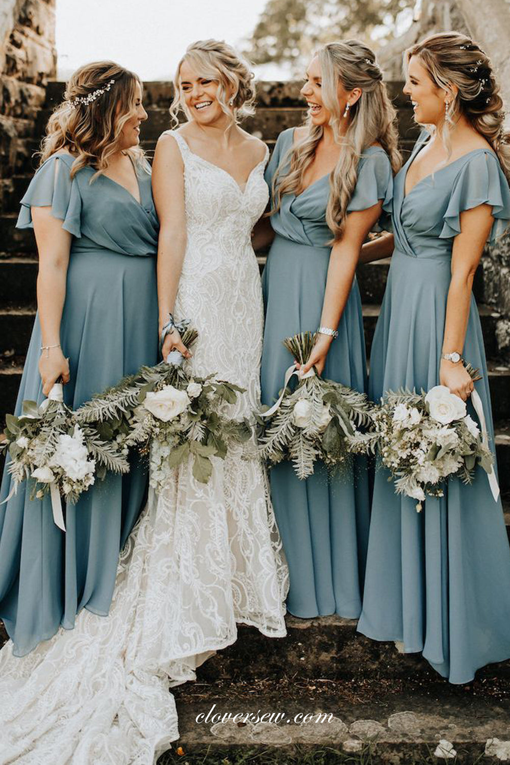 Dusty Blue Chiffon Cap Sleeves V-neck A-line Bridesmaid Dresses, CB0259