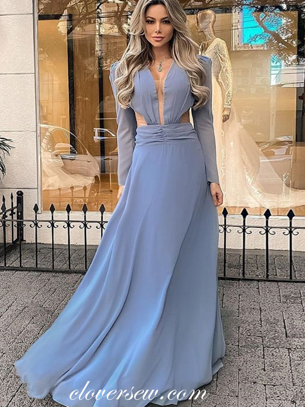 A-Line Long Dusty Blue Chiffon Long Sleeves Bridesmaid Dress 2025 A-Line Long Dusty Blue Chiffon Long Sleeves Bridesmaid Dress 2025