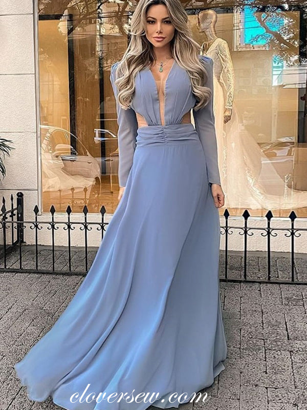Dusty Blue Chiffon Long Sleeves A-line Bridesmaid Dresses, CB0238