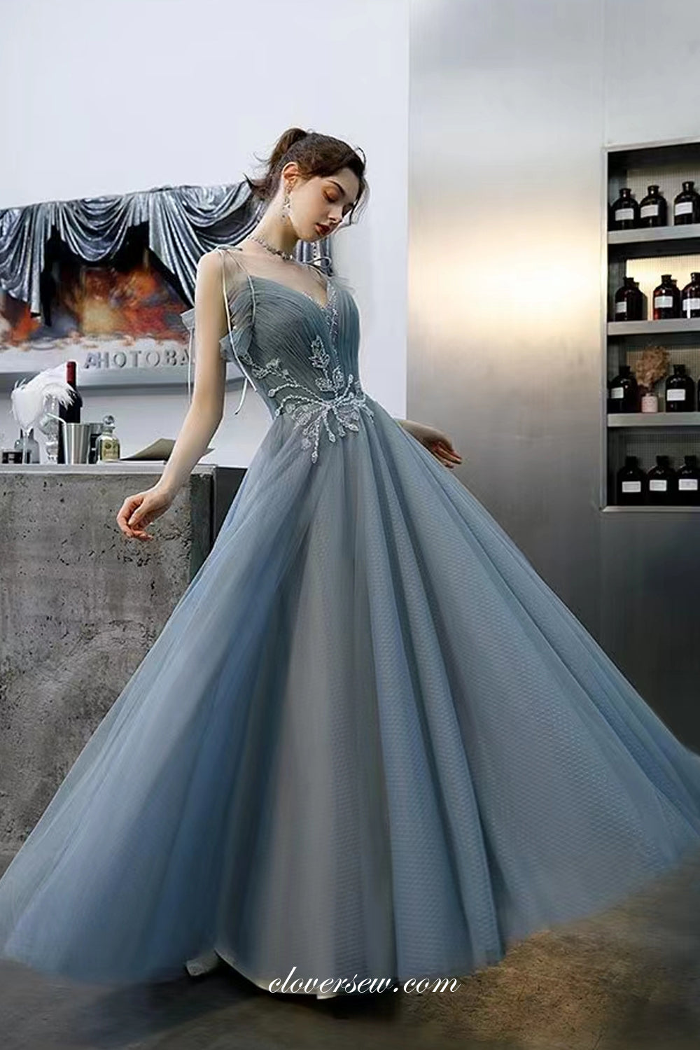 Dusty Blue Pleating Tulle Bead Applique Sleeveless A-line Prom Dresses, CP0976