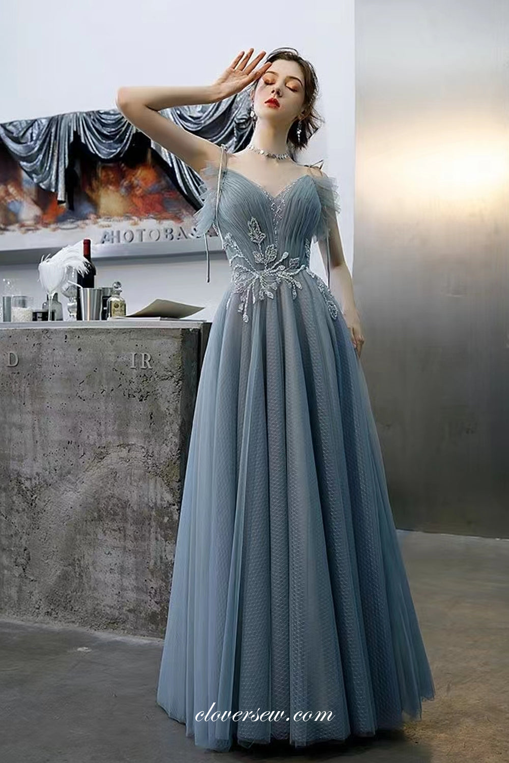 Dusty Blue Pleating Tulle Bead Applique Sleeveless A-line Prom Dresses, CP0976