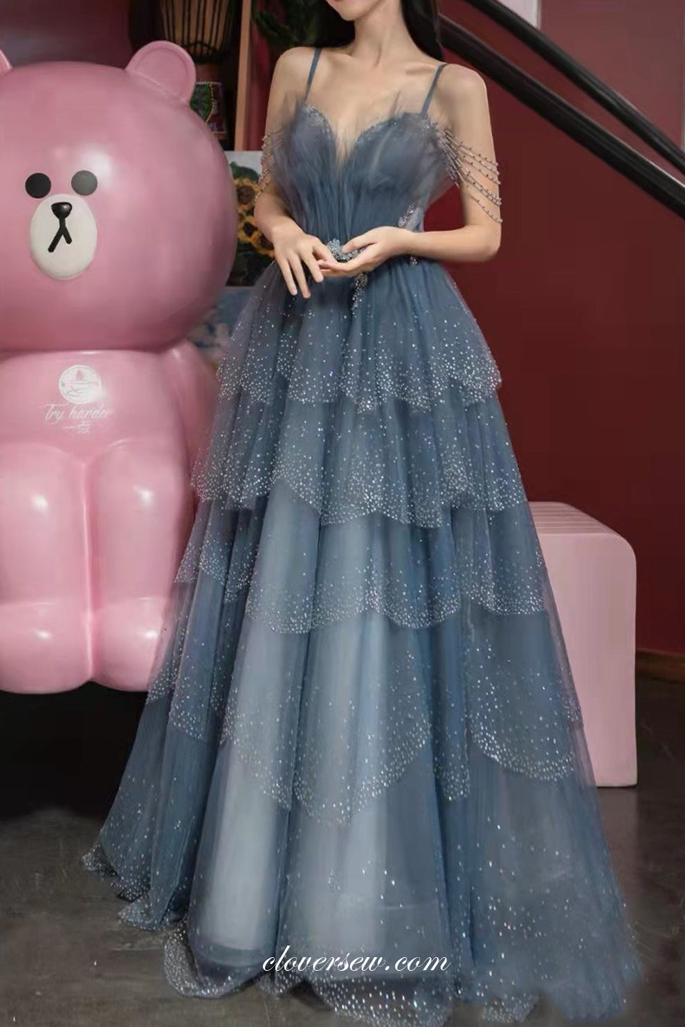 Dusty Blue A-Line Layers Cap Sleeves Prom Dress