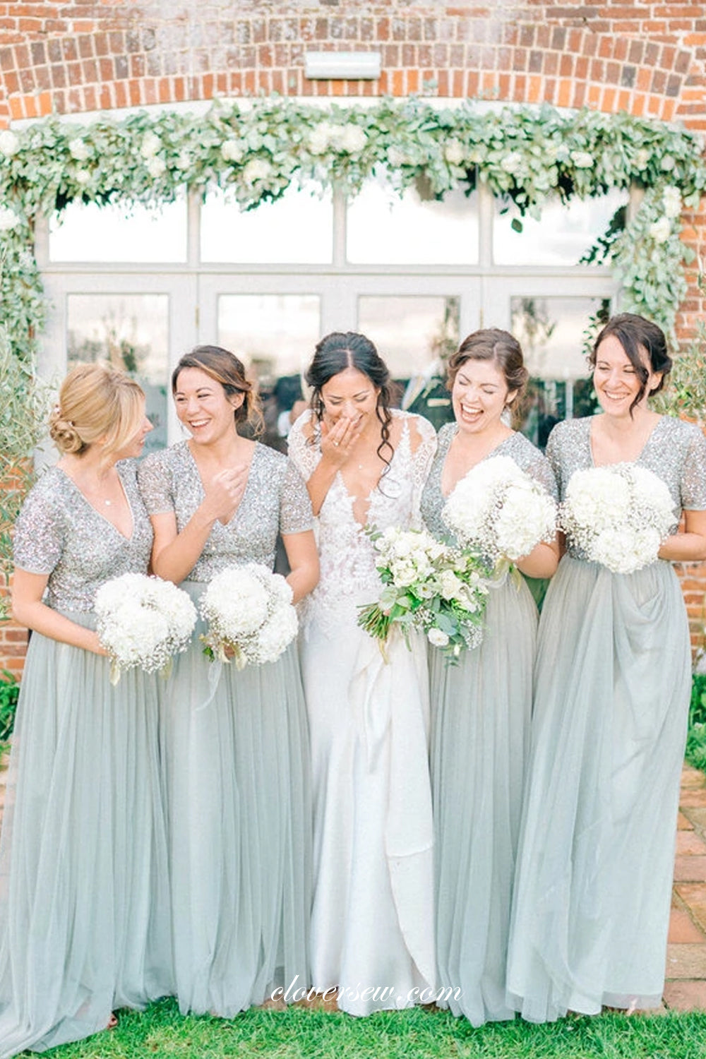 Dusty Blue Seuqined Top Short Sleeves Tulle A-line Bridesmaid Dresses, CB0253 Dusty Blue Seuqined Top Short Sleeves Tulle A-line Bridesmaid Dresses, CB0253