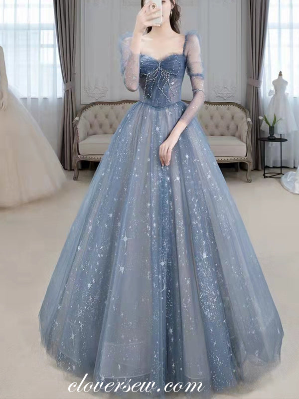 Dusty Blue Star Sequined Tulle Long Sleeves Vintage Prom Dresses, CP0797 Dusty Blue Star Sequined Tulle Long Sleeves Vintage Prom Dresses, CP0797