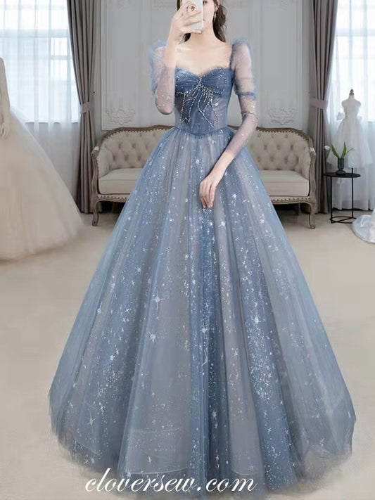 Dusty Blue Star Sequined Tulle Long Sleeves Vintage Prom Dresses, CP0797