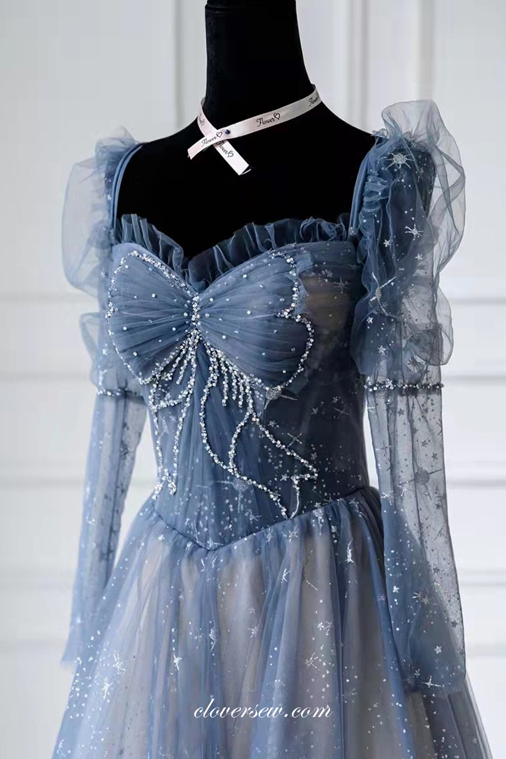 Dusty Blue Star Sequined Tulle Long Sleeves Vintage Prom Dresses, CP0797