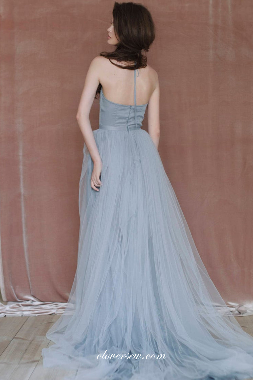 Dusty Blue Tulle Beaded Halter A-line Unique Wedding Dresses, CW0250
