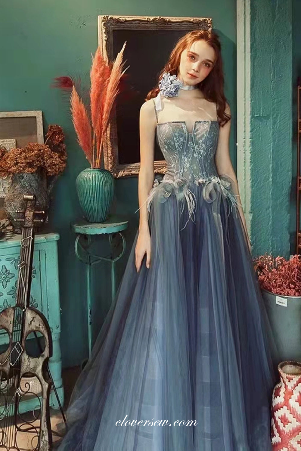 Dusty Blue Tulle Lace Applique Feather Spaghetti Strap A-line Prom Dresses, CP0795