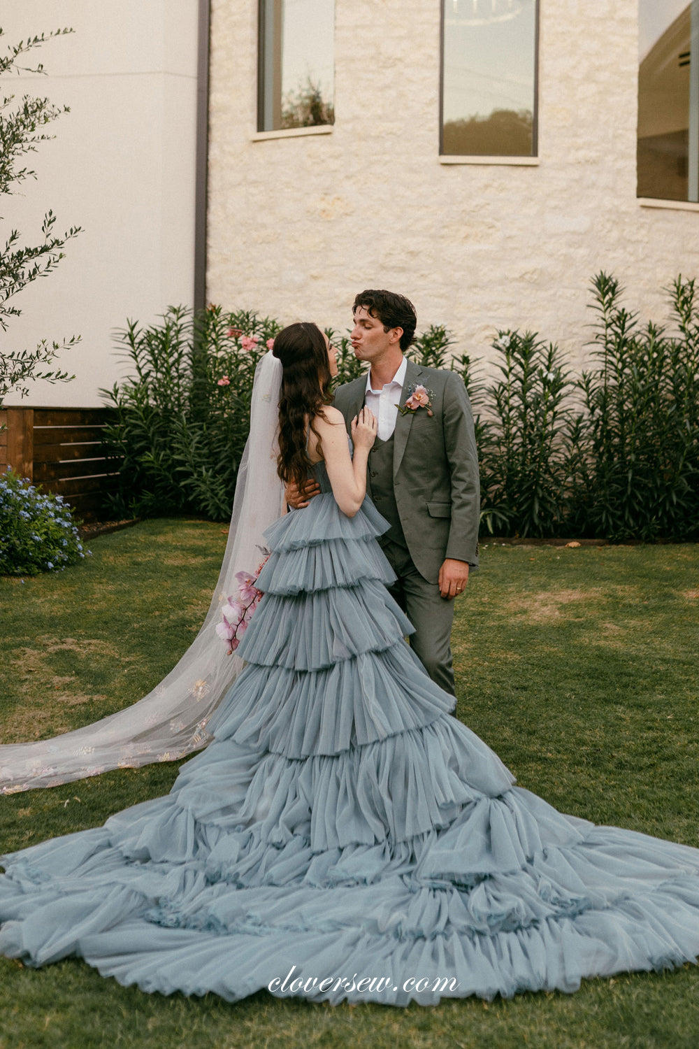 Dusty Blue Tulle Tiered A-line Spaghetti Strap Wedding Dresses, CW0344