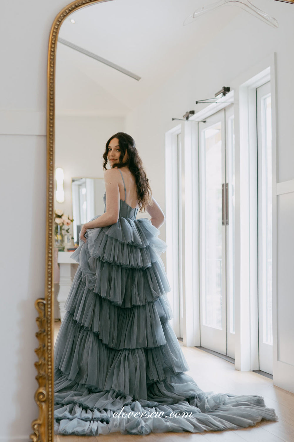 Dusty Blue Tulle Tiered A-line Spaghetti Strap Wedding Dresses, CW0344