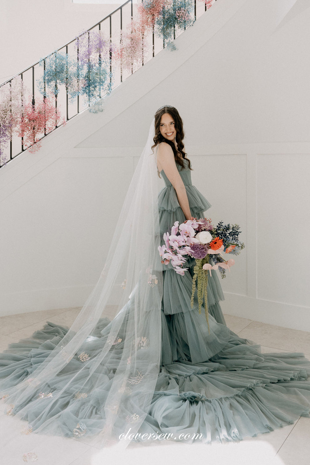Dusty Blue Tulle Tiered A-line Spaghetti Strap Wedding Dresses, CW0344 clover sew Dusty Blue Tulle Tiered A-line Spaghetti Strap Wedding Dresses, CW0344 clover sew