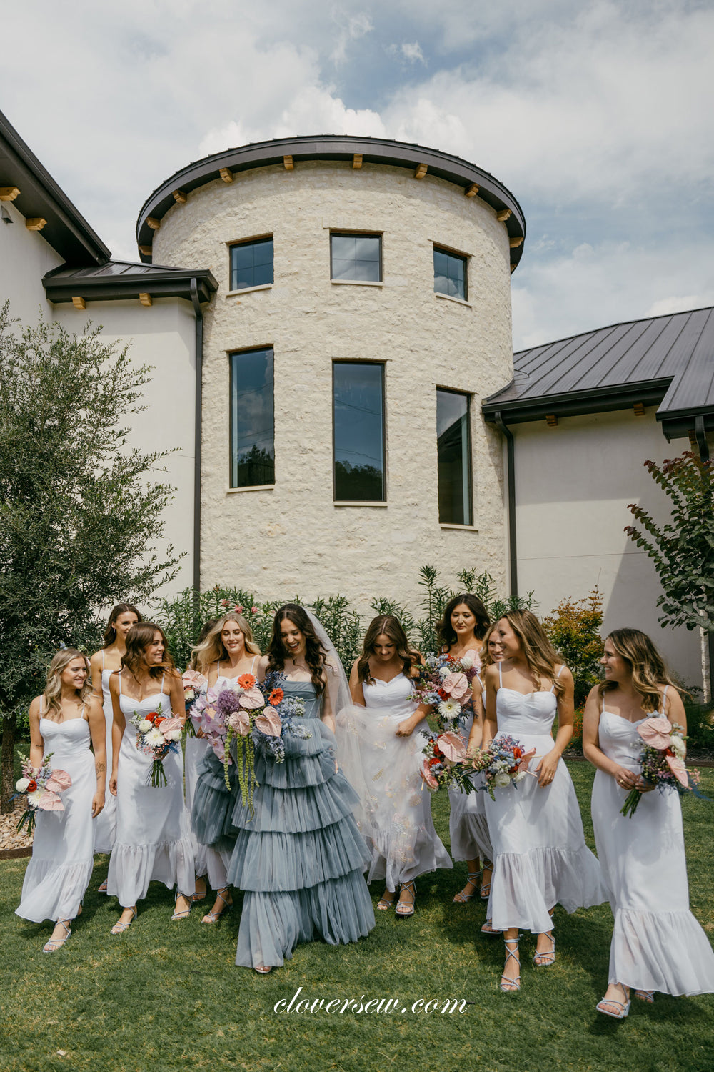 Dusty Blue Tulle Tiered A-line Spaghetti Strap Wedding Dresses, CW0344