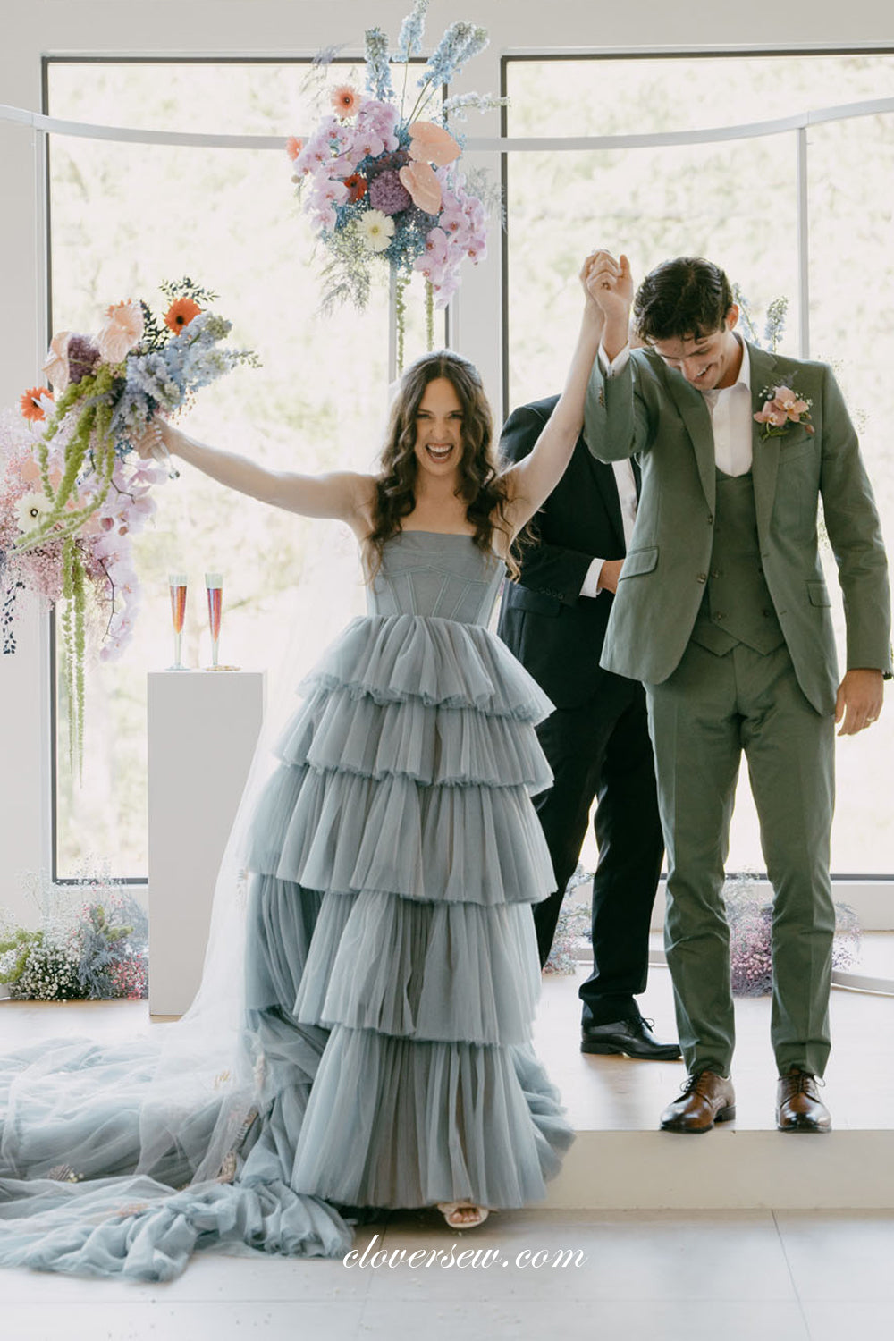 Dusty Blue Tulle Tiered A-line Spaghetti Strap Wedding Dresses, CW0344